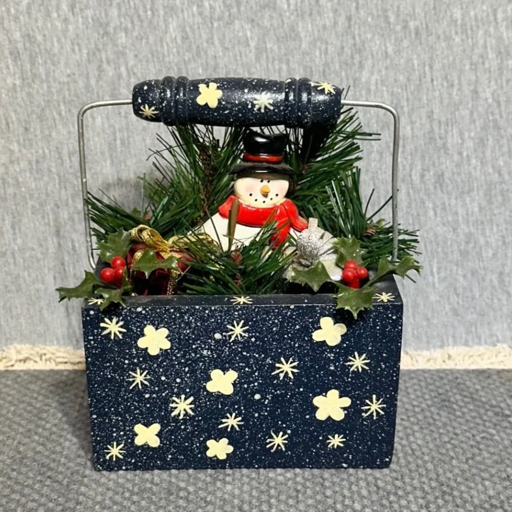 VTG Christmas Holiday Snowman Wooden Basket Centerpiece Navy Blue Hand Painted